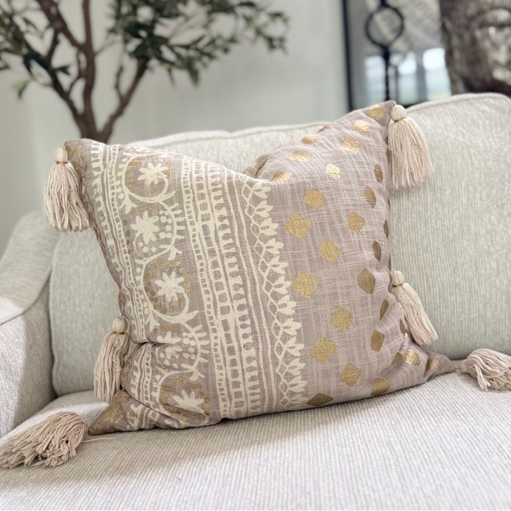 Anthropologie Constance Neutral Tassel Decorative Throw Pillow with Gold Accents